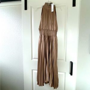 NEW VICI Gold/Taupe Pleated High-Neck Dress, Medium (NWT)